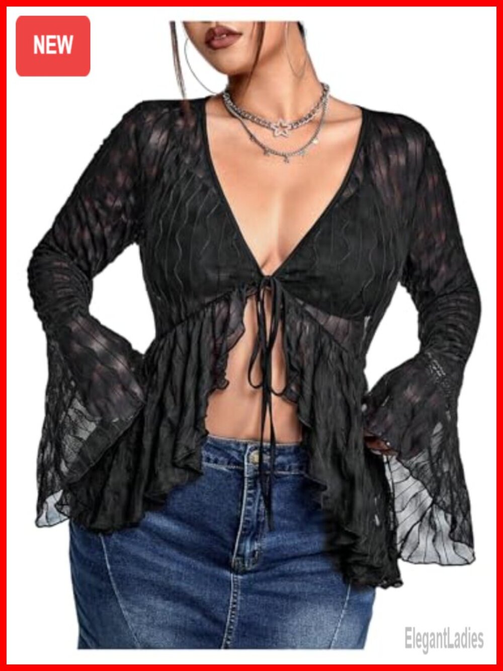 Plus Size Sheer Mesh Top Bell Sleeve Tie Up Asymmetrical Hem